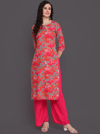 Printed Straight Calf Length 3/4 Sleeves Round Neck Cotton Slub Kurta (Preorder)