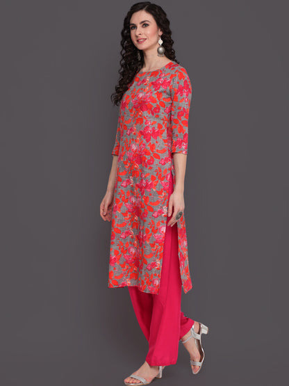 Printed Straight Calf Length 3/4 Sleeves Round Neck Cotton Slub Kurta (Preorder)