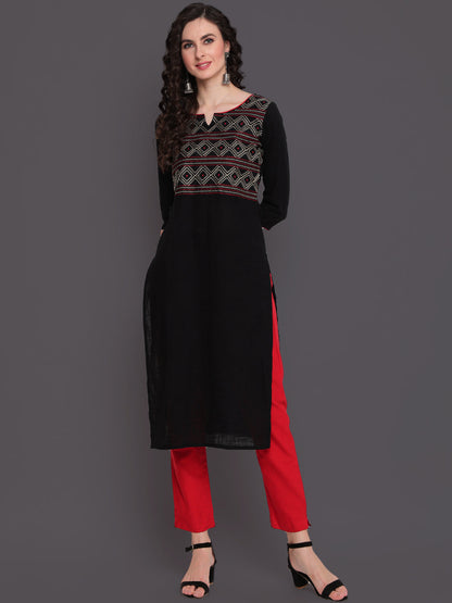 Embroidered Straight Calf Length 3/4 Sleeves Round Neck Cotton Slub Kurta (Preorder)