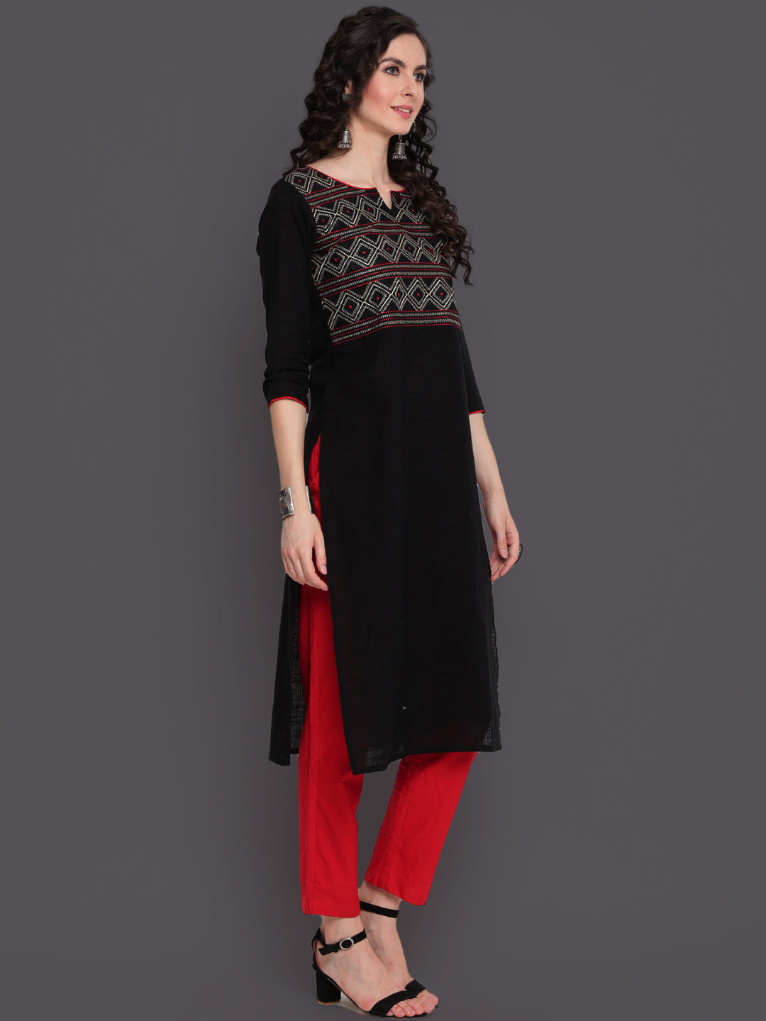 Embroidered Straight Calf Length 3/4 Sleeves Round Neck Cotton Slub Kurta (Preorder)