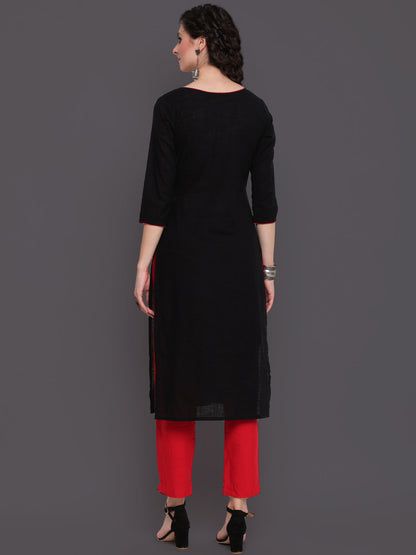 Embroidered Straight Calf Length 3/4 Sleeves Round Neck Cotton Slub Kurta (Preorder)