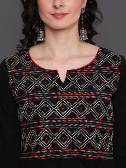 Embroidered Straight Calf Length 3/4 Sleeves Round Neck Cotton Slub Kurta (Preorder)