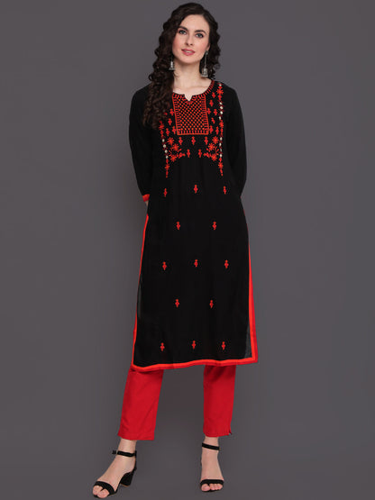 Embroidered Straight Calf Length 3/4 Sleeves Round Neck Rayon Kurta (Preorder)