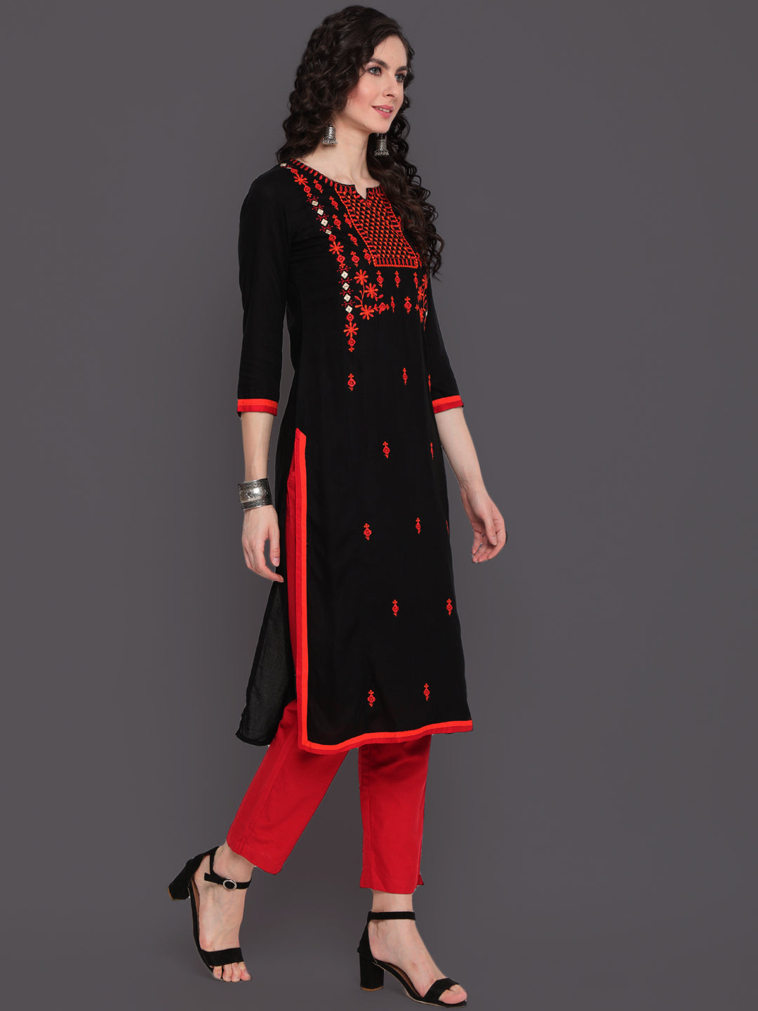 Embroidered Straight Calf Length 3/4 Sleeves Round Neck Rayon Kurta (Preorder)