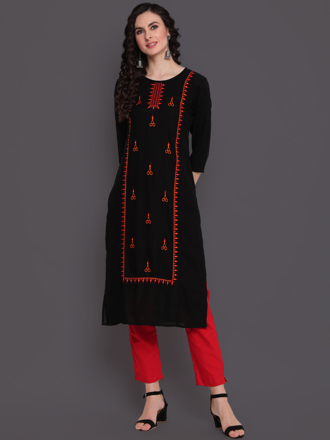 Embroidered Straight Calf Length 3/4 Sleeves Round Neck Rayon Kurta (Preorder)