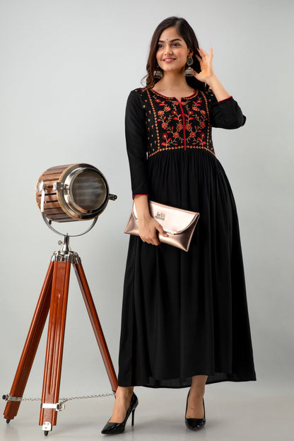 Embroidered Flared Ankle Length 3/4 Sleeves Round Neck Rayon Kurta Dress (Preorder)