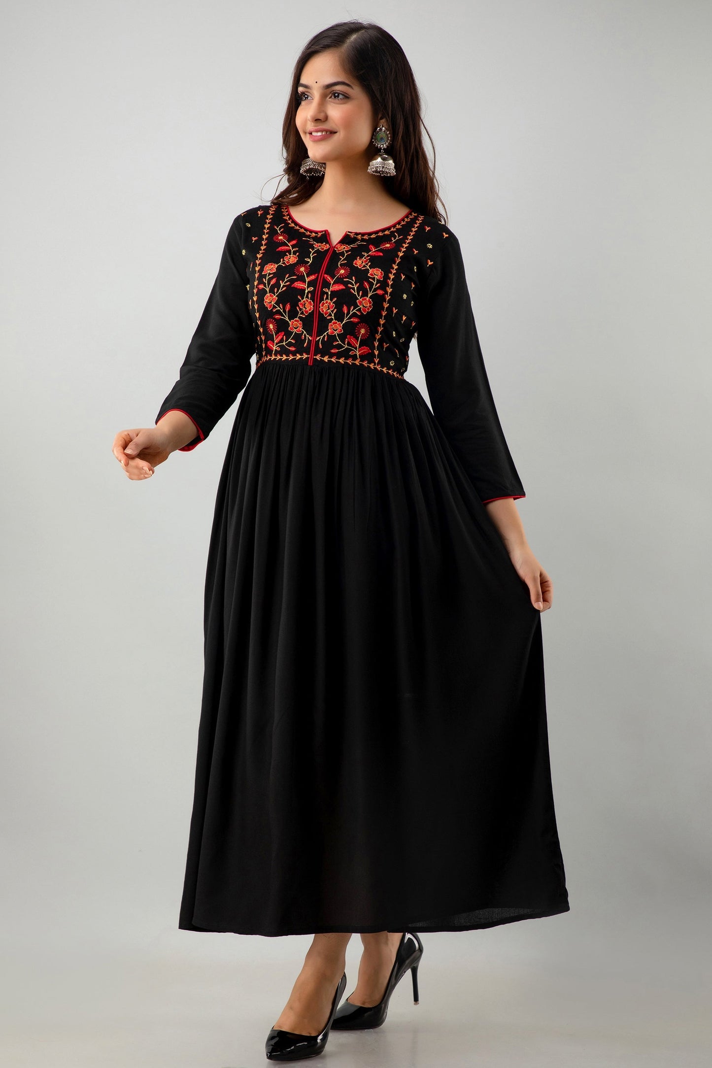 Embroidered Flared Ankle Length 3/4 Sleeves Round Neck Rayon Kurta Dress (Preorder)