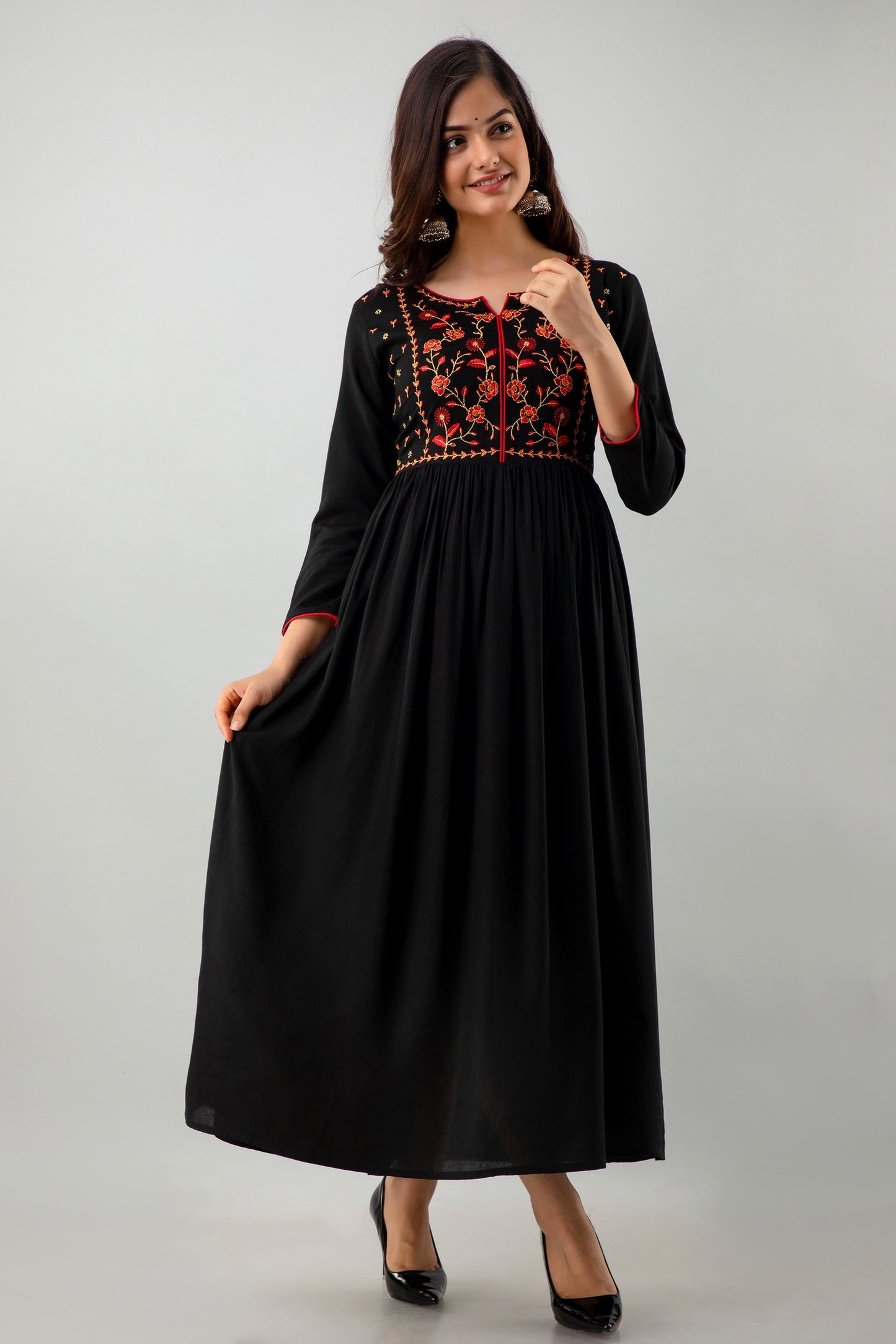 Embroidered Flared Ankle Length 3/4 Sleeves Round Neck Rayon Kurta Dress (Preorder)