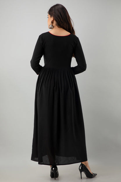 Embroidered Flared Ankle Length 3/4 Sleeves Round Neck Rayon Kurta Dress (Preorder)