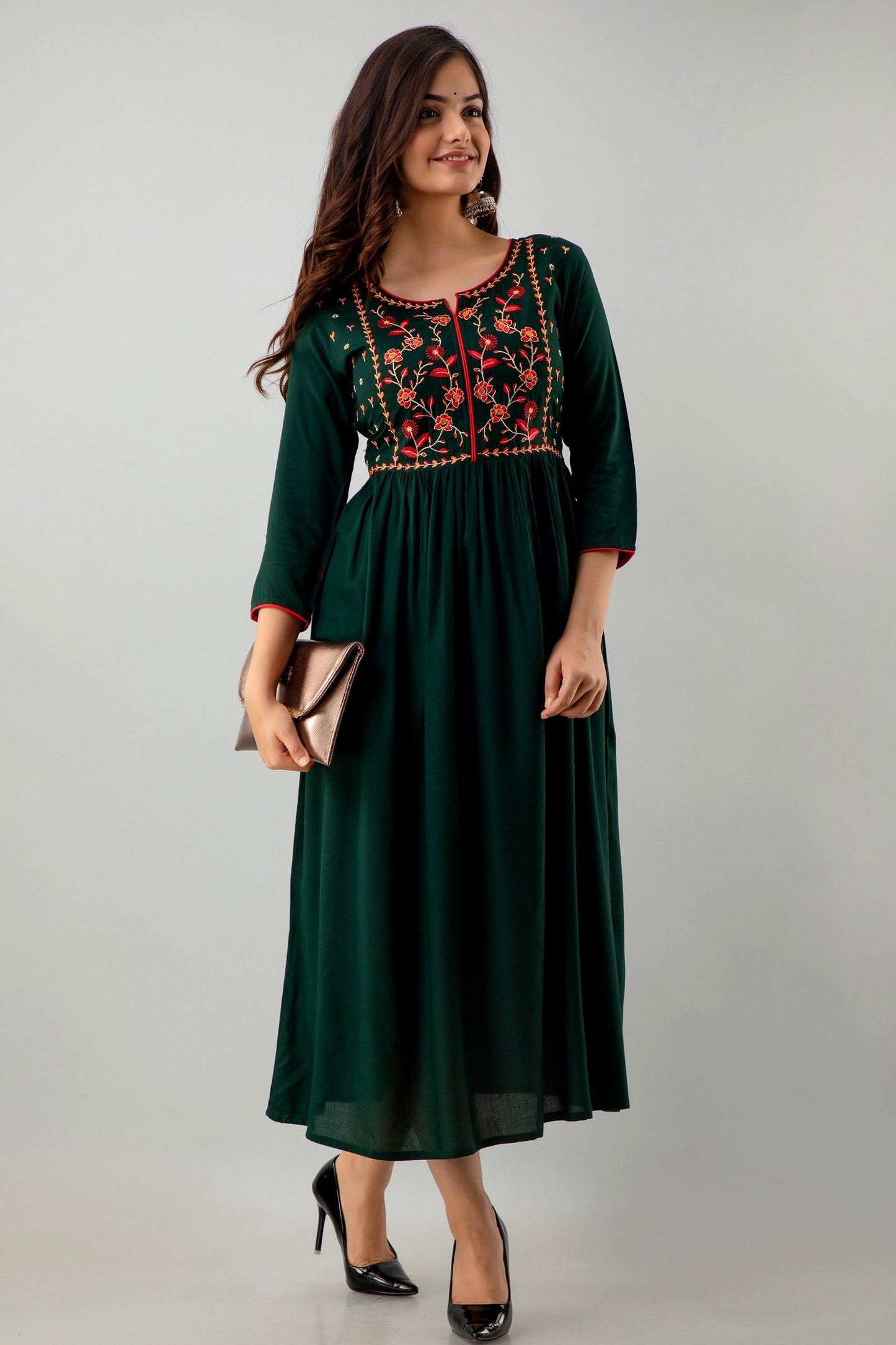 Embroidered Flared Ankle Length 3/4 Sleeves Round Neck Rayon Kurta Dress (Preorder)