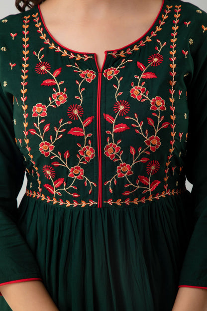 Embroidered Flared Ankle Length 3/4 Sleeves Round Neck Rayon Kurta Dress (Preorder)