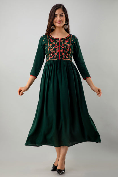 Embroidered Flared Ankle Length 3/4 Sleeves Round Neck Rayon Kurta Dress (Preorder)