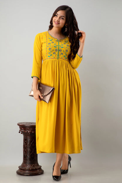 Embroidered Flared Calf Length 3/4 Sleeves Round Neck Rayon Kurta Dress (Preorder)