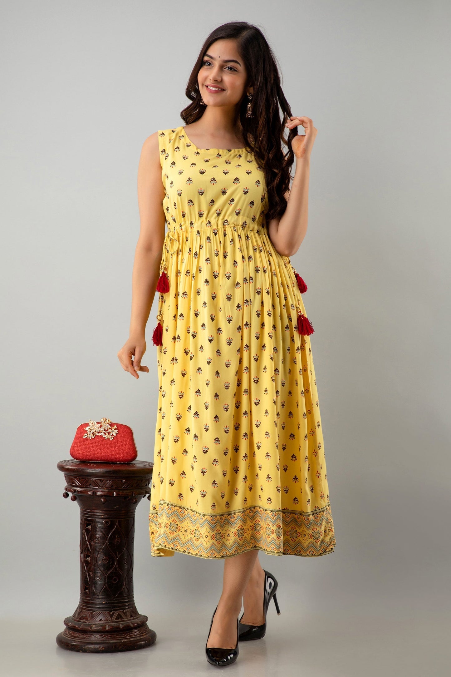 Printed Flared Calf Length Sleeveless Boat Neck Rayon Kurta Dress (Preorder)