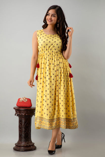 Printed Flared Calf Length Sleeveless Boat Neck Rayon Kurta Dress (Preorder)