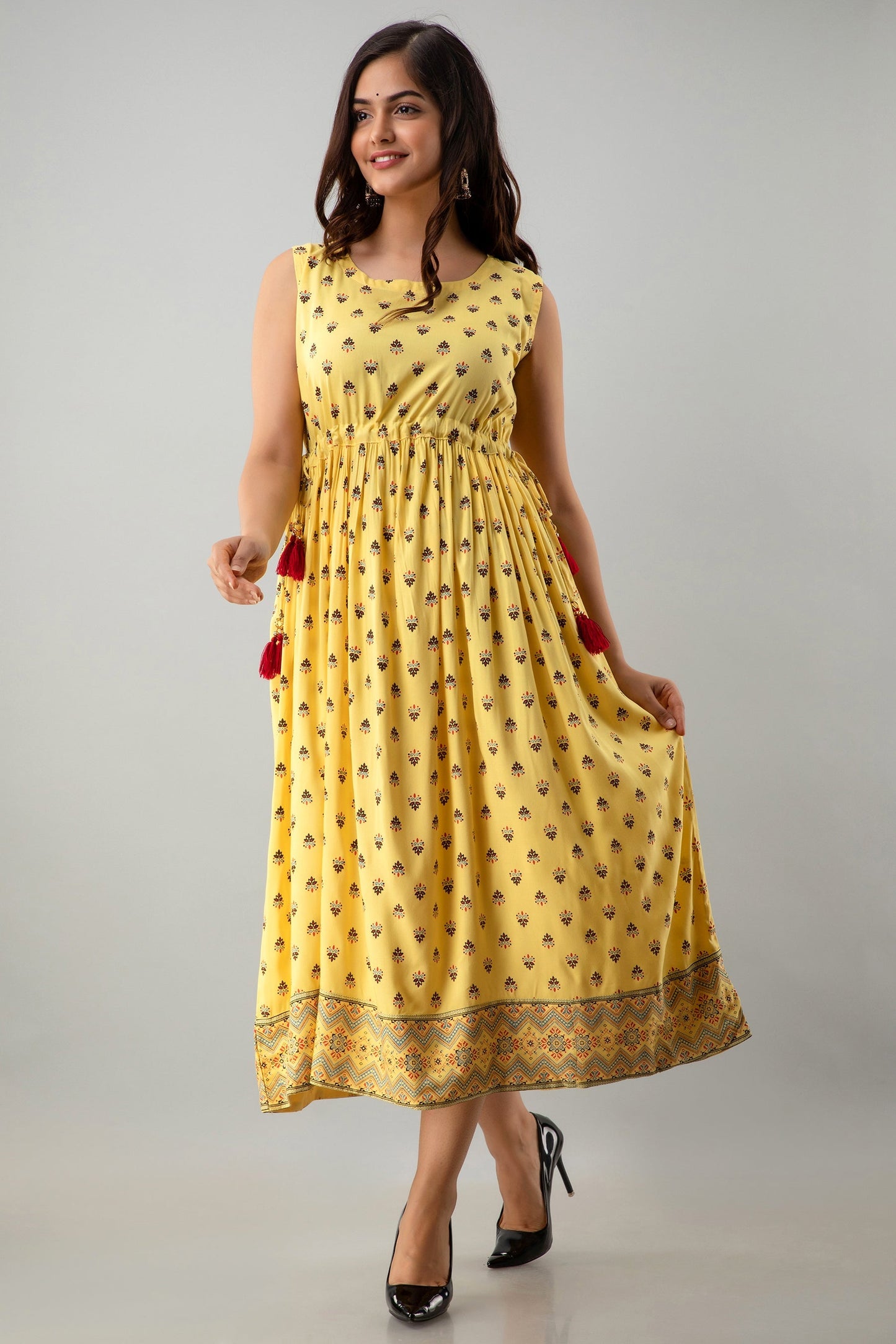 Printed Flared Calf Length Sleeveless Boat Neck Rayon Kurta Dress (Preorder)