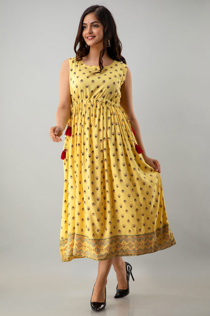 Printed Flared Calf Length Sleeveless Boat Neck Rayon Kurta Dress (Preorder)