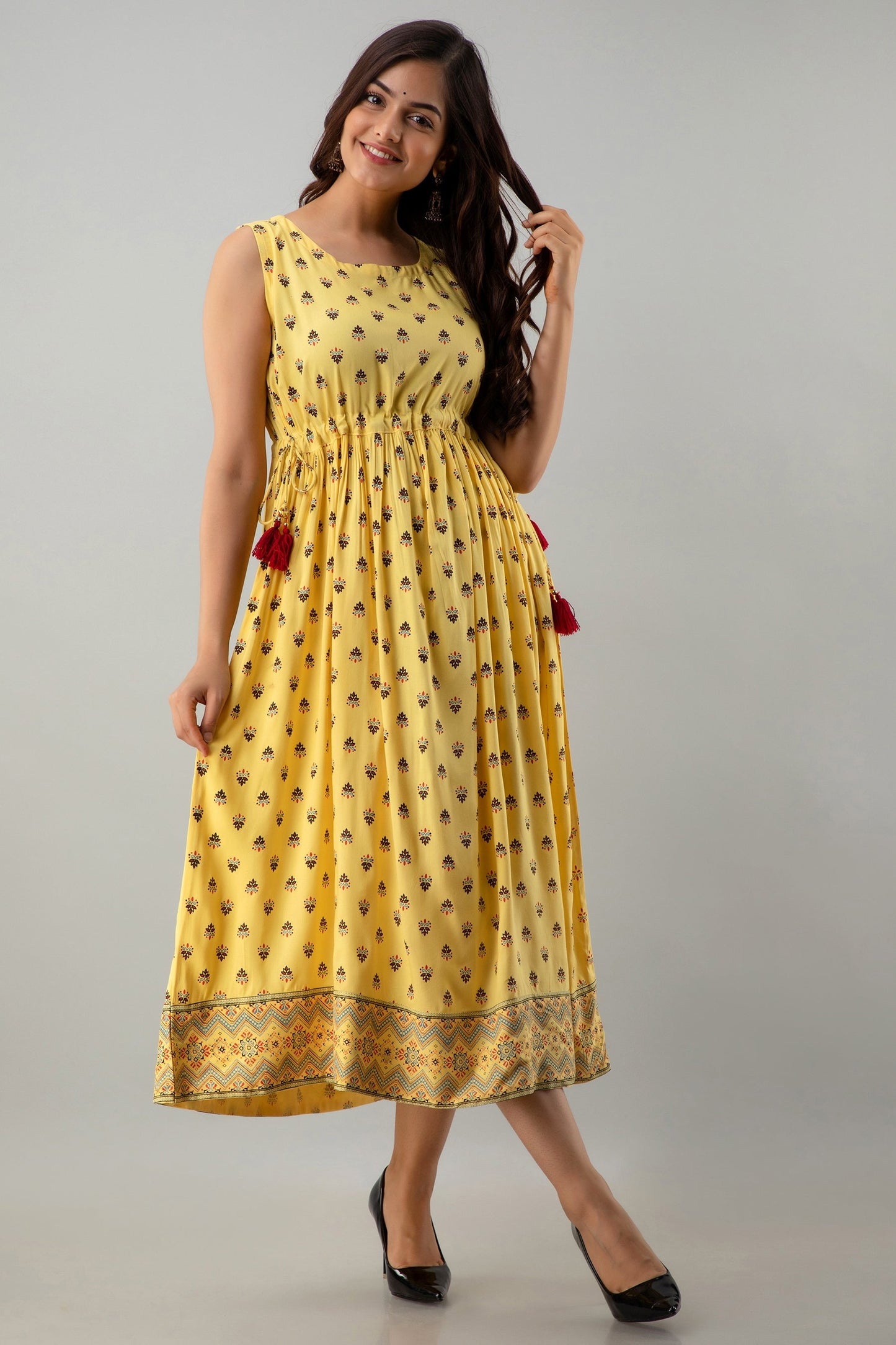 Printed Flared Calf Length Sleeveless Boat Neck Rayon Kurta Dress (Preorder)