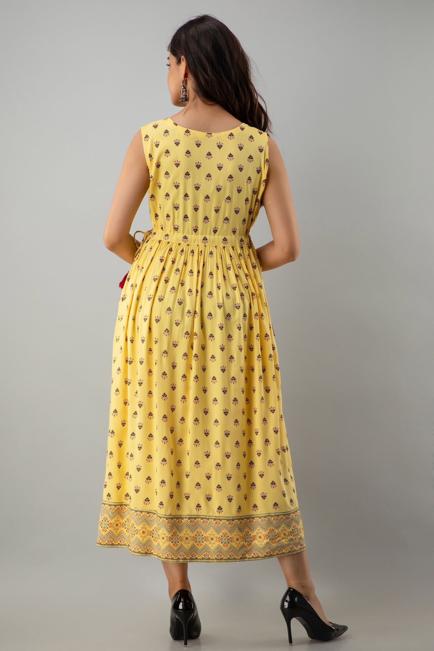 Printed Flared Calf Length Sleeveless Boat Neck Rayon Kurta Dress (Preorder)