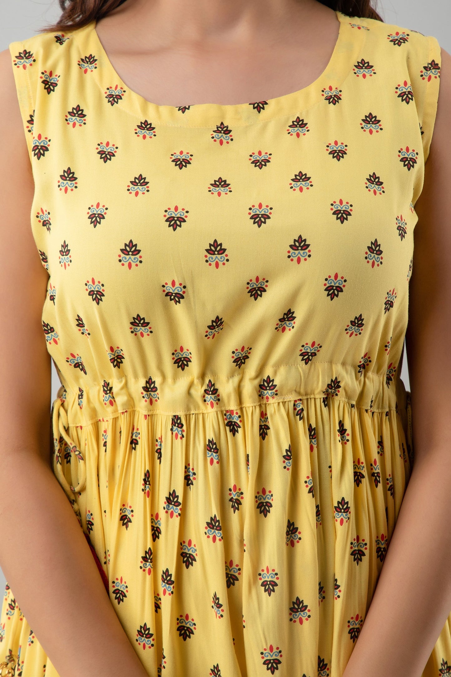 Printed Flared Calf Length Sleeveless Boat Neck Rayon Kurta Dress (Preorder)