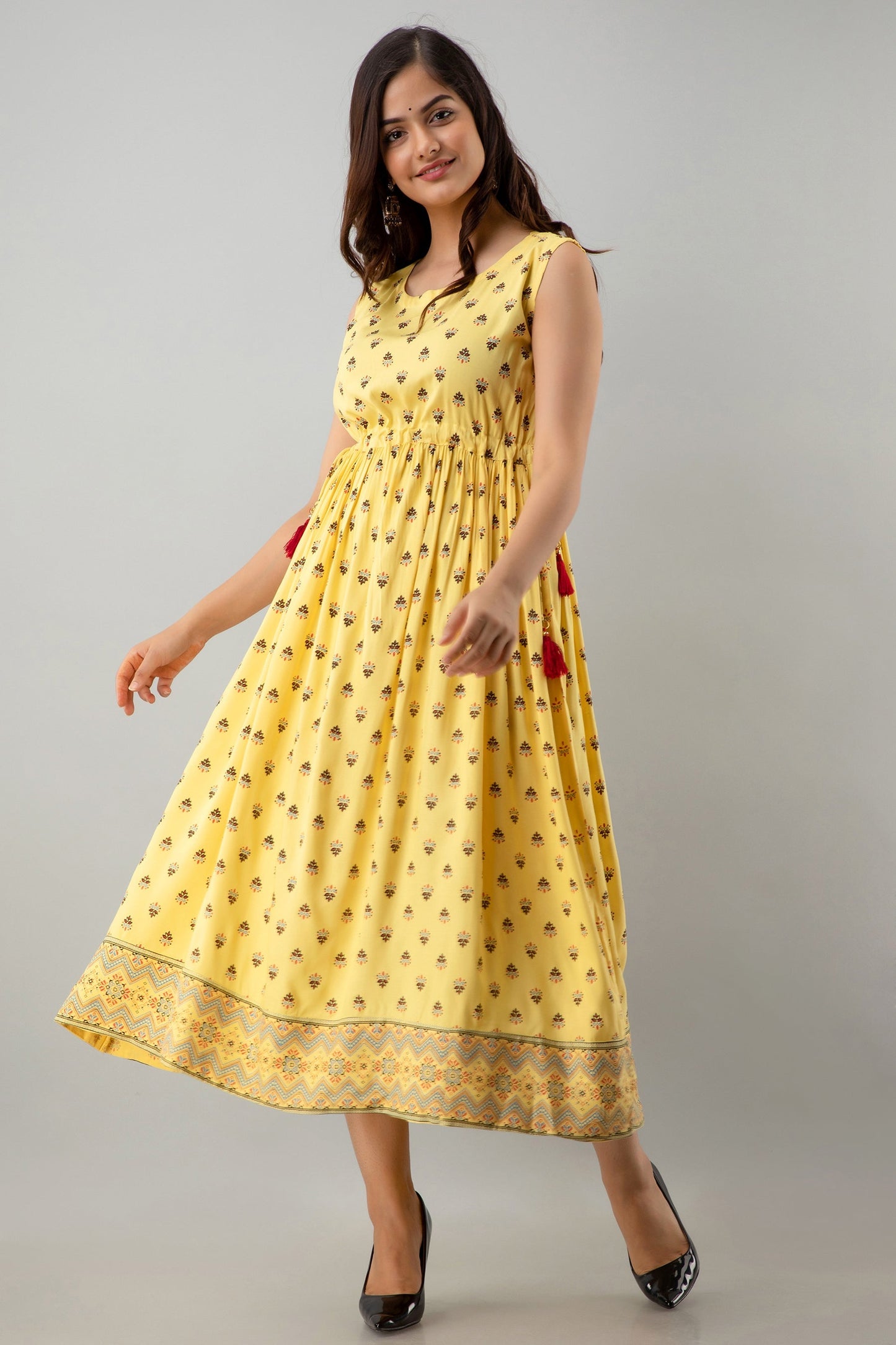 Printed Flared Calf Length Sleeveless Boat Neck Rayon Kurta Dress (Preorder)