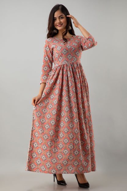 Printed Flared Ankle Length 3/4 Sleeves Round Neck Cotton Kurta Dress (Preorder)
