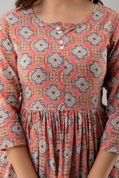 Printed Flared Ankle Length 3/4 Sleeves Round Neck Cotton Kurta Dress (Preorder)