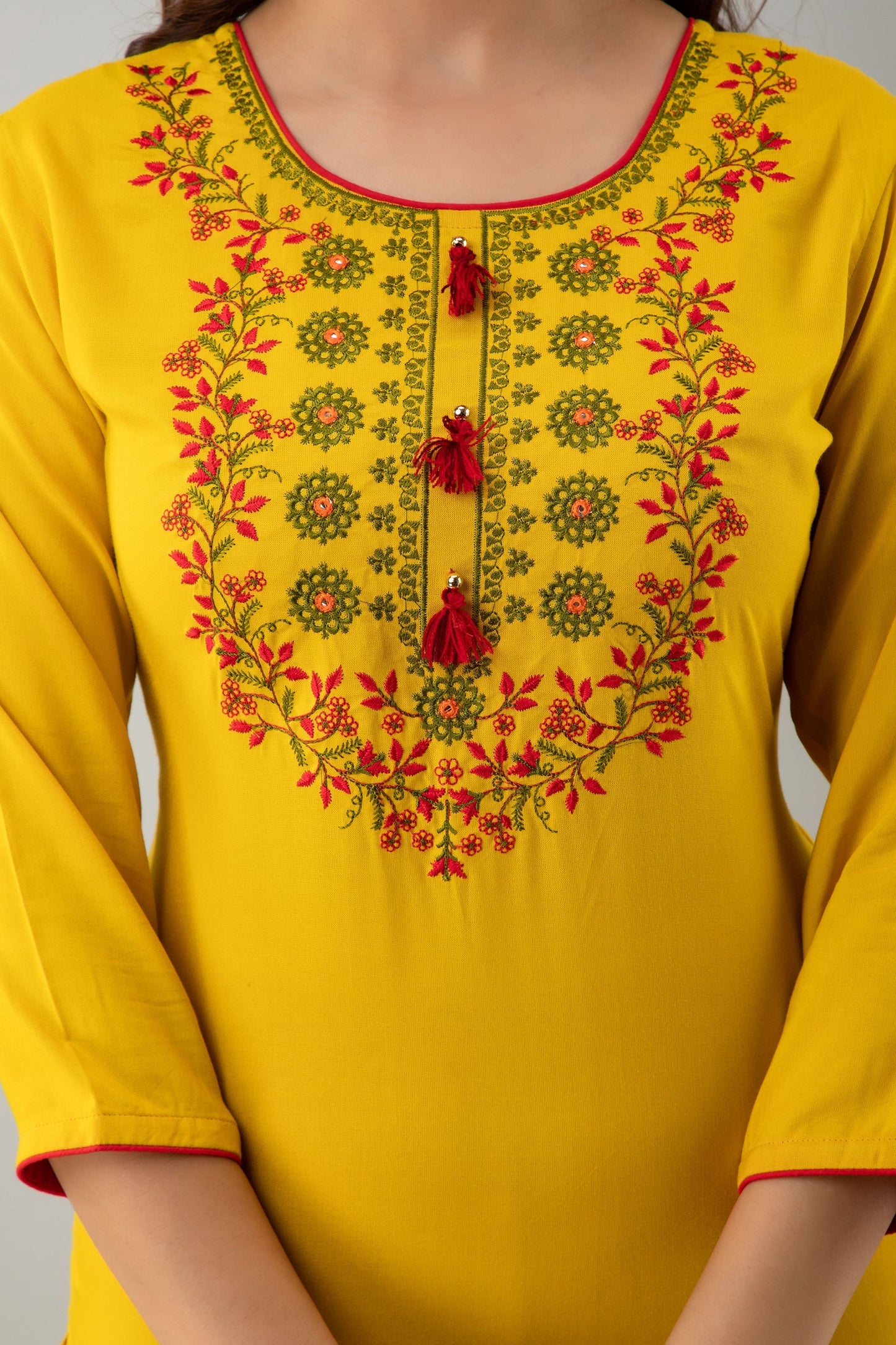 Embroidered Straight Calf Length 3/4 Sleeves Round Neck Rayon Kurta (Preorder)
