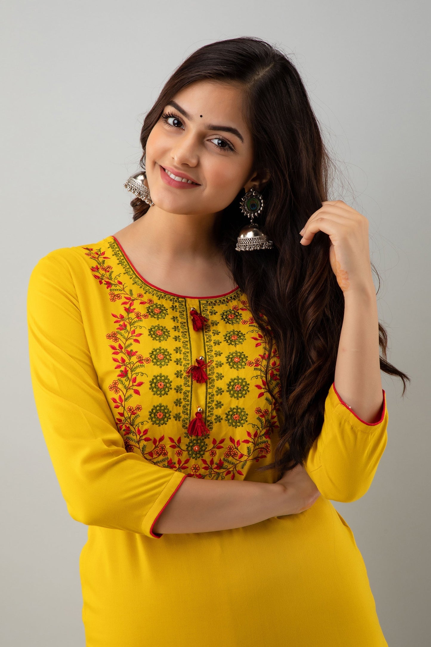 Embroidered Straight Calf Length 3/4 Sleeves Round Neck Rayon Kurta (Preorder)