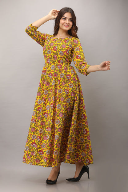 Printed Cotton 3/4 Sleeves Full Length Flared Dress (Preorder)