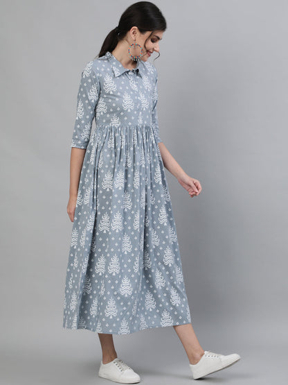 Printed Rayon 3/4 Sleeve Shirt Collor Flared Kurta Dress (Preorder)