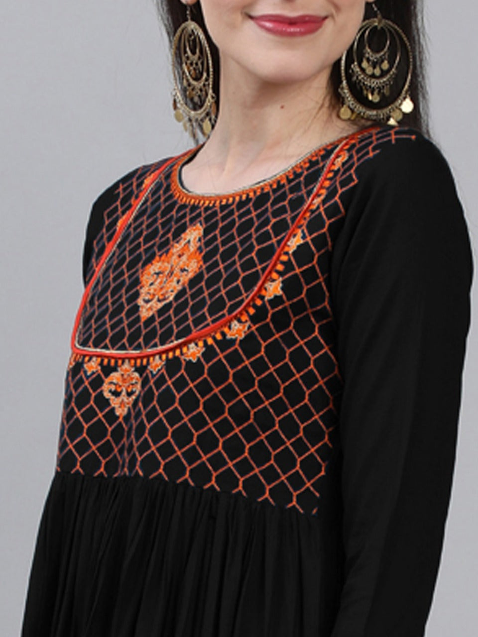 Embroidered Rayon 3/4 Sleeve Round Neck Flared Calf Length Rayon Kurta (Preorder)