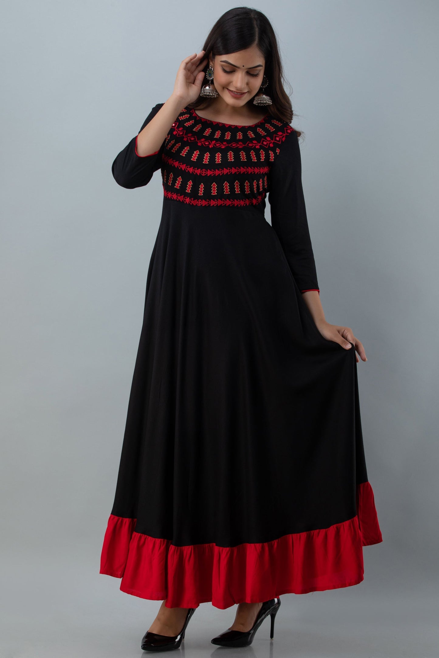 Embroidered Flared Ankle 3/4 Sleeves Round Neck Rayon Kurta (Preorder)