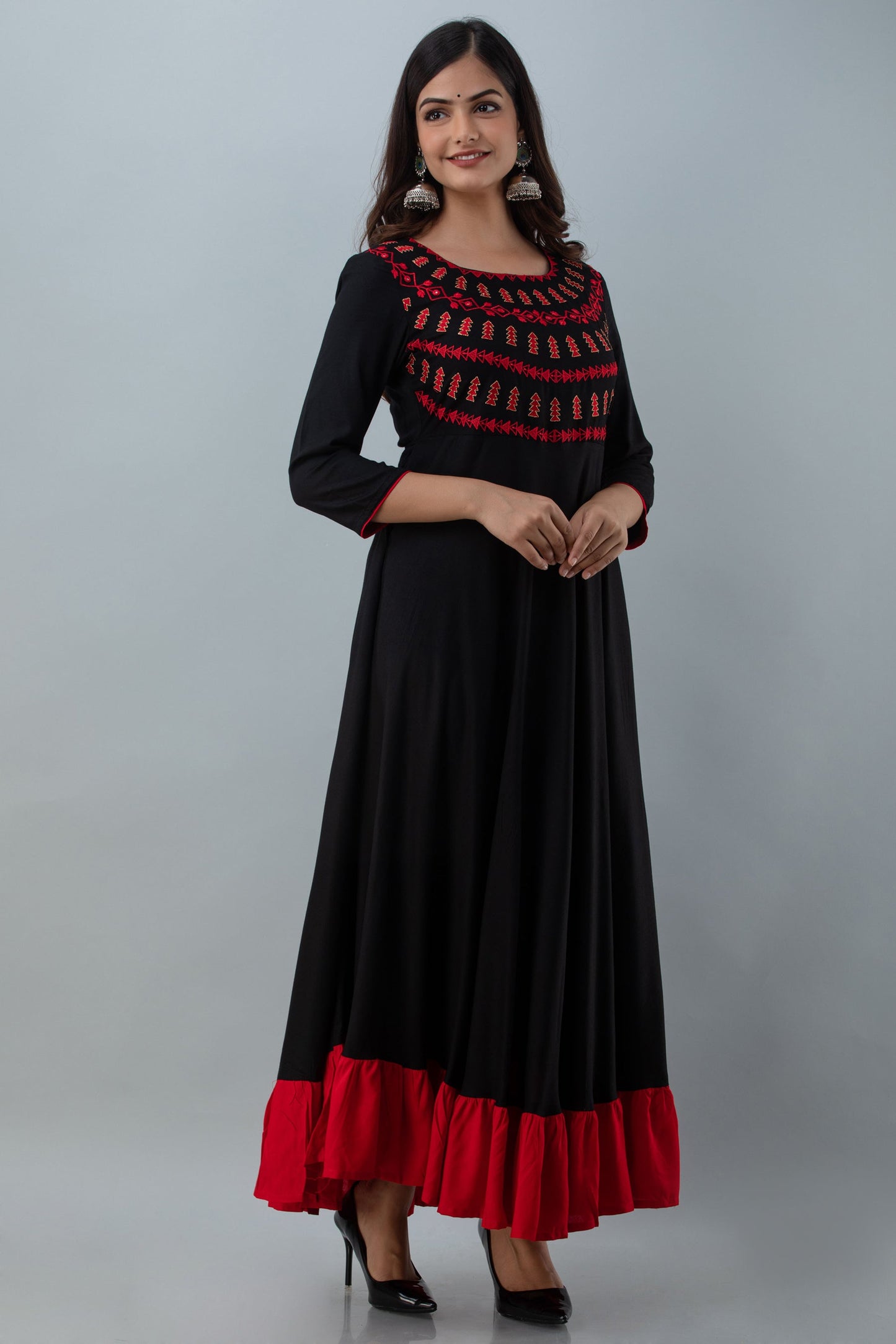 Embroidered Flared Ankle 3/4 Sleeves Round Neck Rayon Kurta (Preorder)