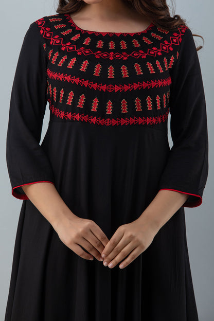Embroidered Flared Ankle 3/4 Sleeves Round Neck Rayon Kurta (Preorder)