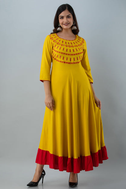 Embroidered Flared Ankle 3/4 Sleeves Round Neck Rayon Kurta (Preorder)