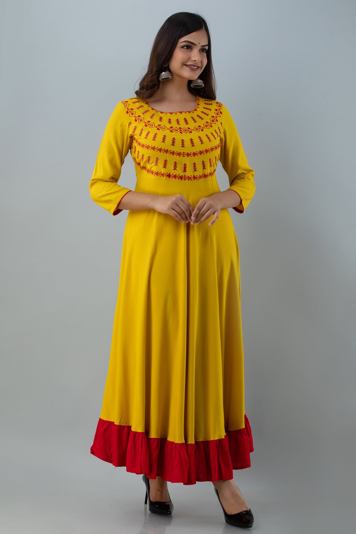 Embroidered Flared Ankle 3/4 Sleeves Round Neck Rayon Kurta (Preorder)