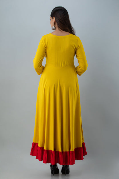 Embroidered Flared Ankle 3/4 Sleeves Round Neck Rayon Kurta (Preorder)