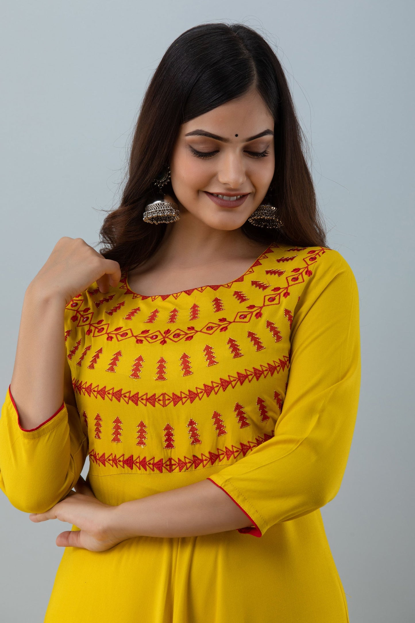 Embroidered Flared Ankle 3/4 Sleeves Round Neck Rayon Kurta (Preorder)