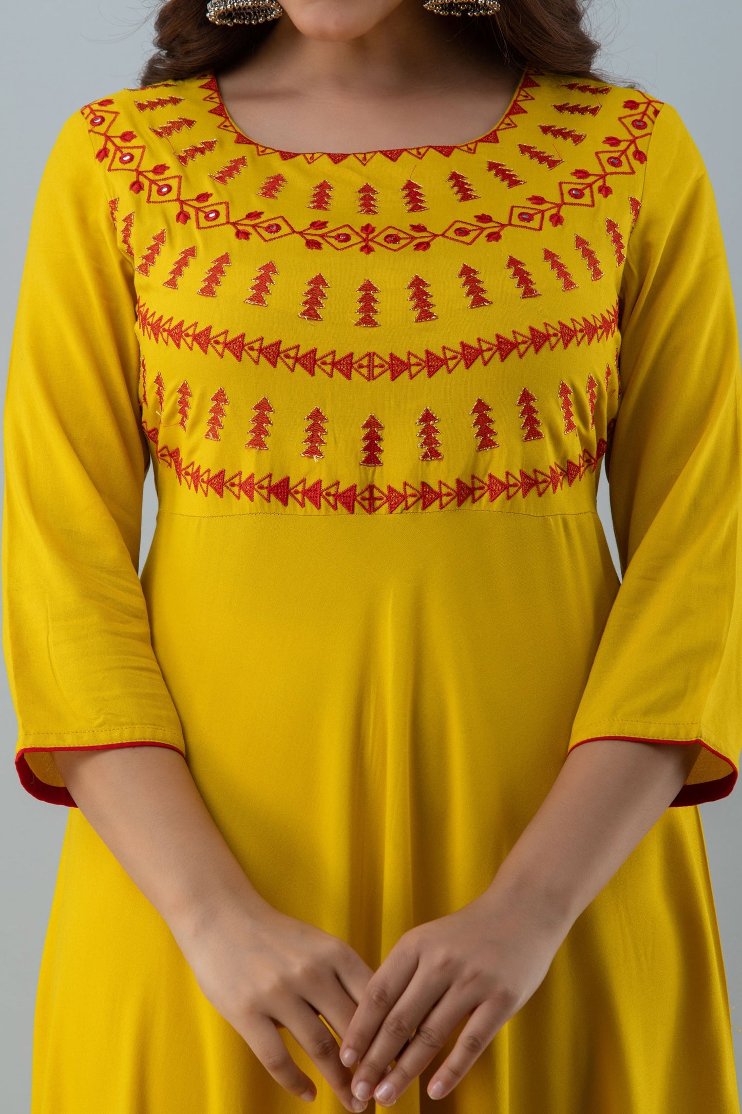 Embroidered Flared Ankle 3/4 Sleeves Round Neck Rayon Kurta (Preorder)