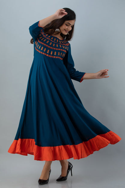 Embroidered Flared Ankle 3/4 Sleeves Round Neck Rayon Kurta (Preorder)