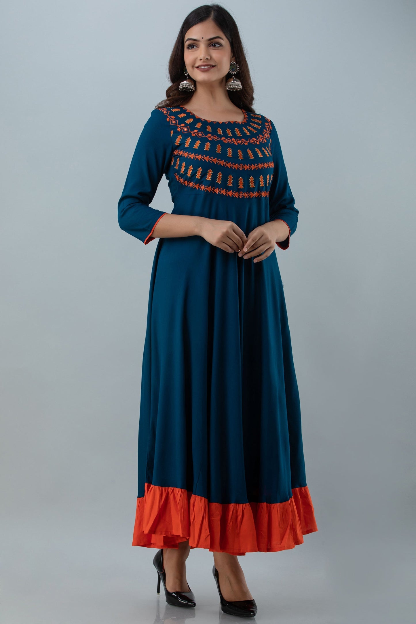 Embroidered Flared Ankle 3/4 Sleeves Round Neck Rayon Kurta (Preorder)