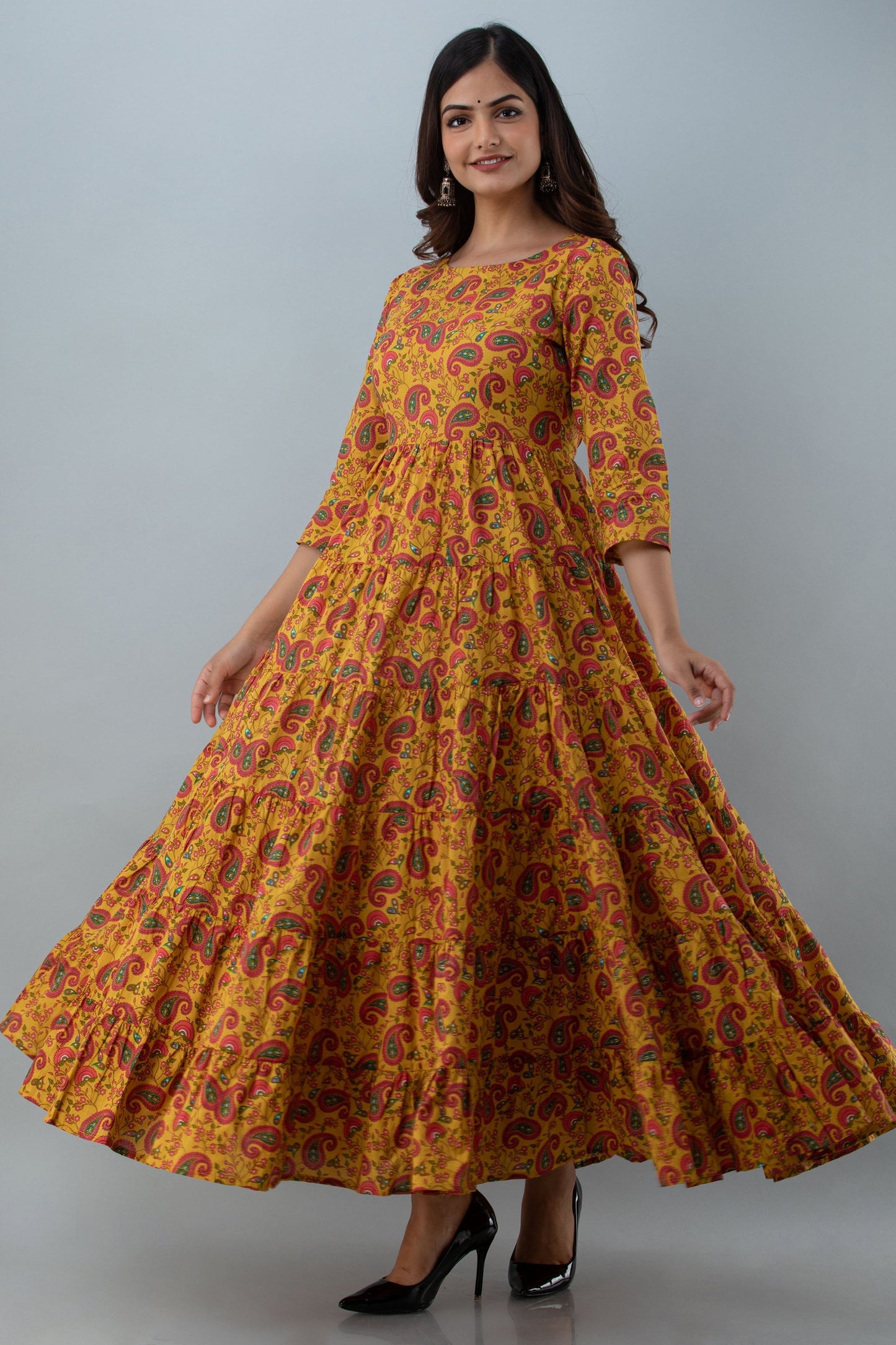 Printed Flared Ankle 3/4 Sleeves Round Neck Cotton Kurta (Preorder)