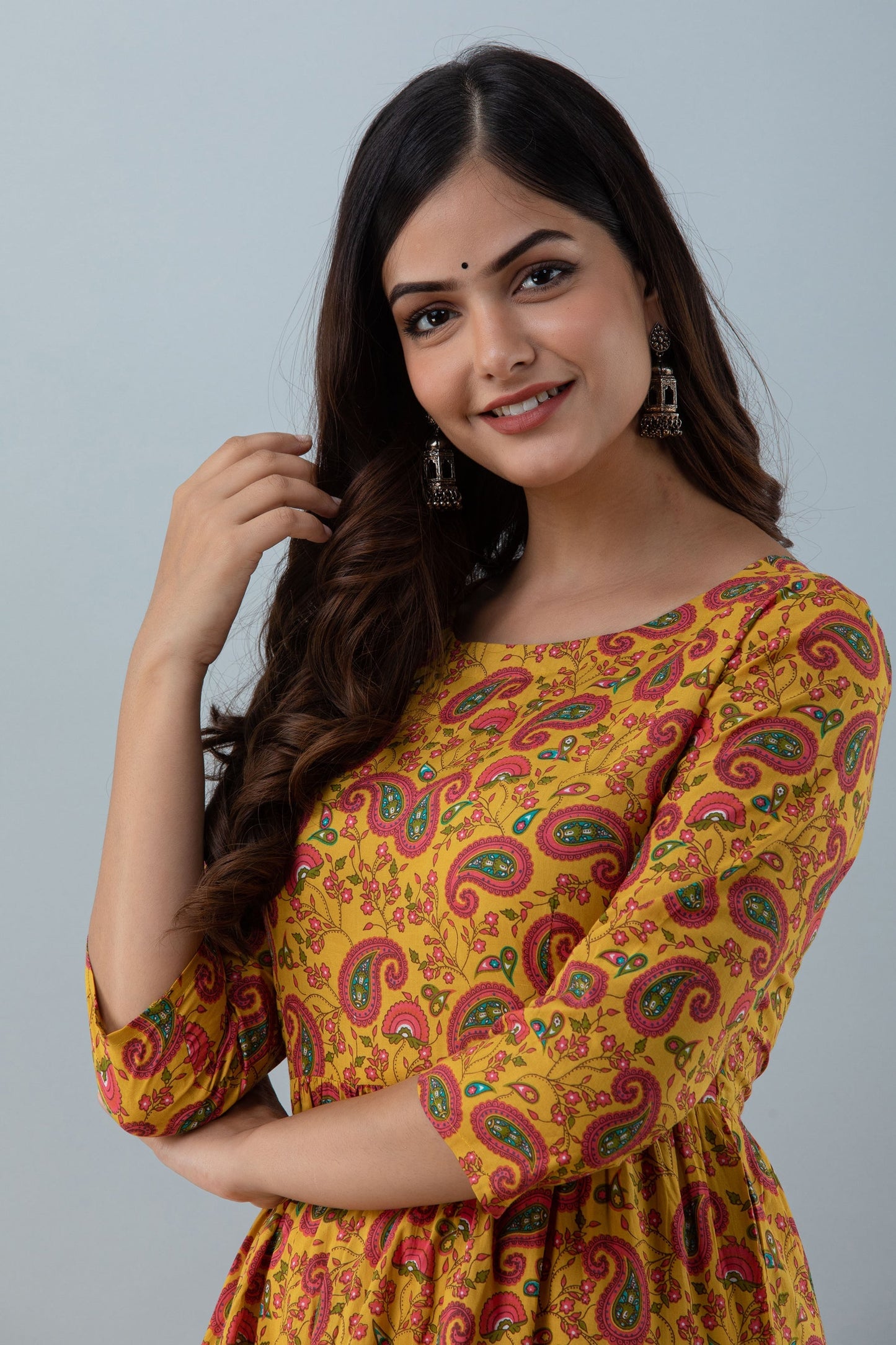 Printed Flared Ankle 3/4 Sleeves Round Neck Cotton Kurta (Preorder)