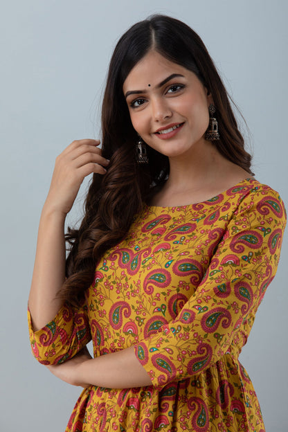 Printed Flared Ankle 3/4 Sleeves Round Neck Cotton Kurta (Preorder)