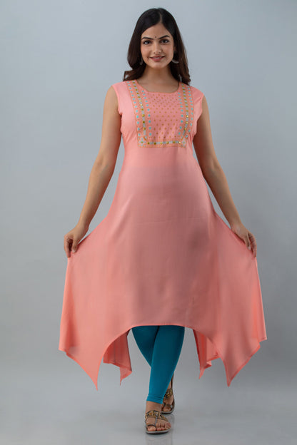 Embroidered Asymmetrical Calf Lenth Sleeveless Round Neck Rayon Kurta (Preorder)