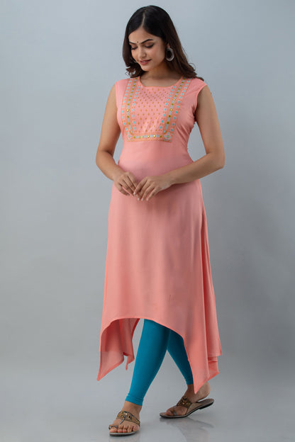 Embroidered Asymmetrical Calf Lenth Sleeveless Round Neck Rayon Kurta (Preorder)