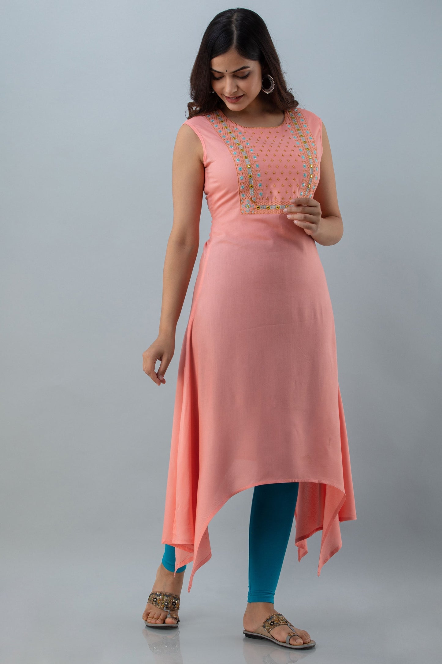 Embroidered Asymmetrical Calf Lenth Sleeveless Round Neck Rayon Kurta (Preorder)