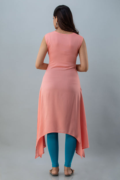 Embroidered Asymmetrical Calf Lenth Sleeveless Round Neck Rayon Kurta (Preorder)