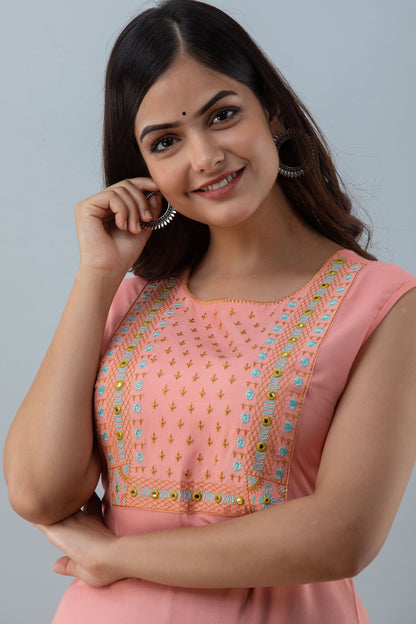 Embroidered Asymmetrical Calf Lenth Sleeveless Round Neck Rayon Kurta (Preorder)